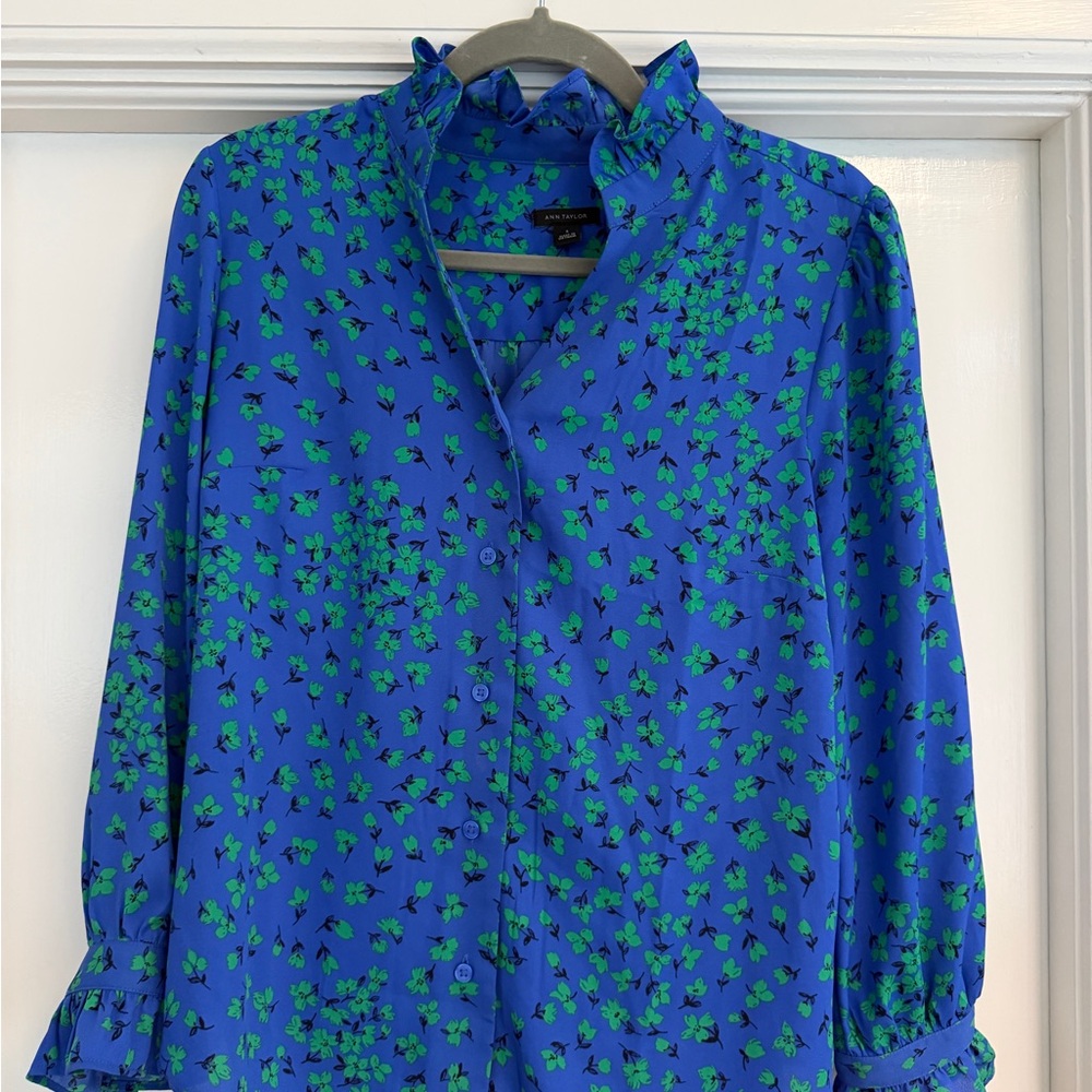 Ann Taylor Blue Floral Ruffle Neck Blouse